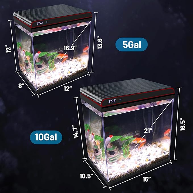 5 Gallon Glass Fish Tank Aquarium Starter Kit - Self-Cleaning, Ultra-Quiet Filter Pump, 3-Color LED Lights, Smart Temp Monitoring for Betta Fish, Shrimp, Kids Gift