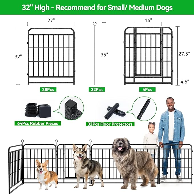 Dog Playpen Outdoor 32 Panels Heavy Duty Dog Fence 32" Height with Thick Pipe Anti-Rust with Doors Portable for RV Camping Yard, Total 71FT, 406 Sq.ft, Snowy Black