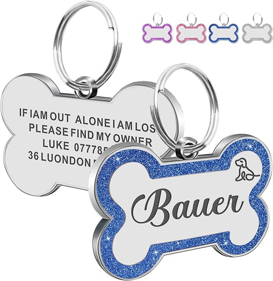 Dog Tags Personalized for Pets Dog Name Tags Personalized Dog Tag Engraved with Any Name & Text Custom Dog ID Tags Glitter Bone ID Tag for Puppy Cat (Blue S, Bone)