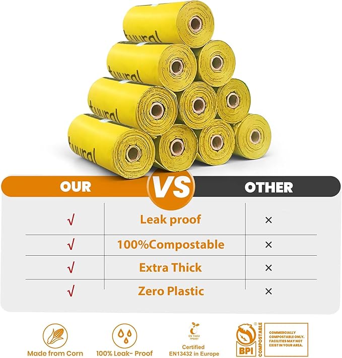 Certified Compostable Dog Poop Bags-270 Bags 18Rolls, Poop Bags for Dogs Made of Cornstarch - ASTM D6400 By USA, Leakproof Easy Open, Unscented Dog Waste Bags (Yellow)