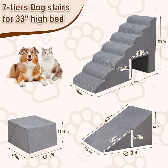Dog Stairs & Steps for High Beds 30-36 inches High Tall, LitaiL 33inch 7 Steps Pet Stairs/Steps for High Beds Small Large Dogs, Non-Slip Dog Ramps/Ladder for Old Dogs/Cats