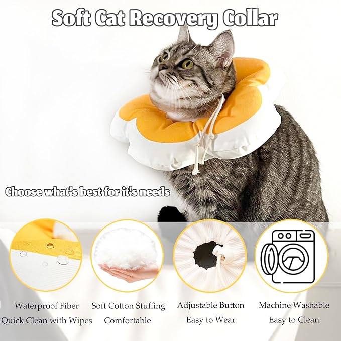 Cat Cone Collar Soft, Adjustable Kitten Cone After Surgery, Waterproof Recovery E Collar for Pet to Stop Licking (Yellow Flower, Large)