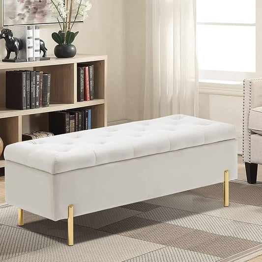 45.6 Inch Velvet Storage Bench Upholstered Tufted Settee Ottoman Bench with Storage, Bed End Bench with Soft Close Lid, for Bedroom, Living Room, Entryway, Rectangular Accent Bench, Beige