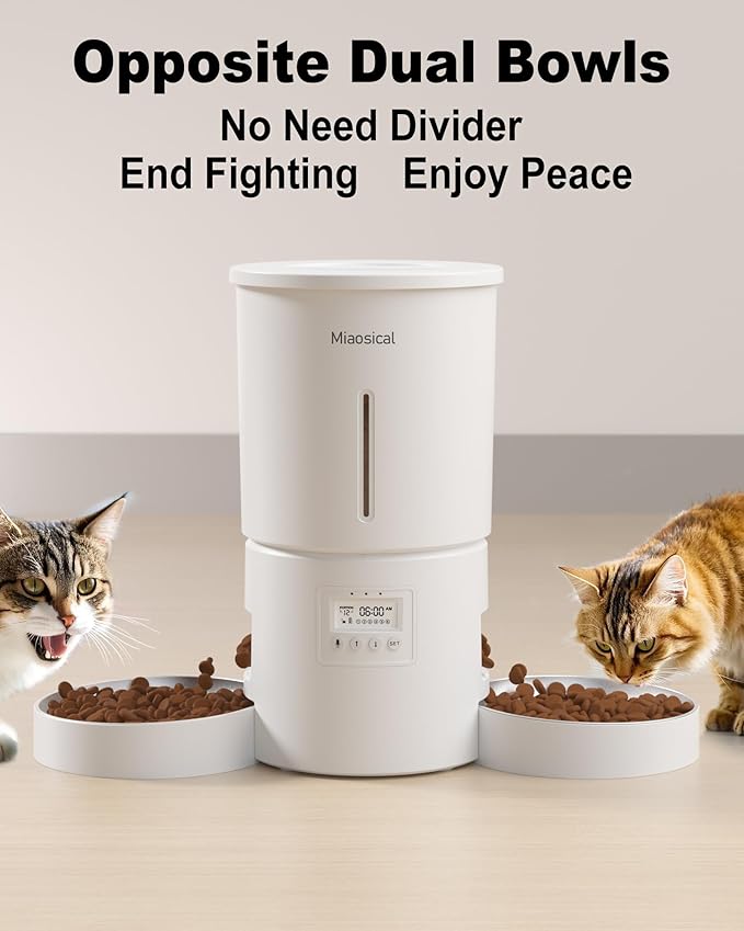Dual Automatic Cat Feeder 2 Cats,6 Meals/Day,12 Portions/Meal,4.2L Dual Power Double Bowls Feeder,Dry Food Auto Pet Dispenser,10S Voice Record,Flexible Schedule Timer(White,Stainless Dual Bowls)