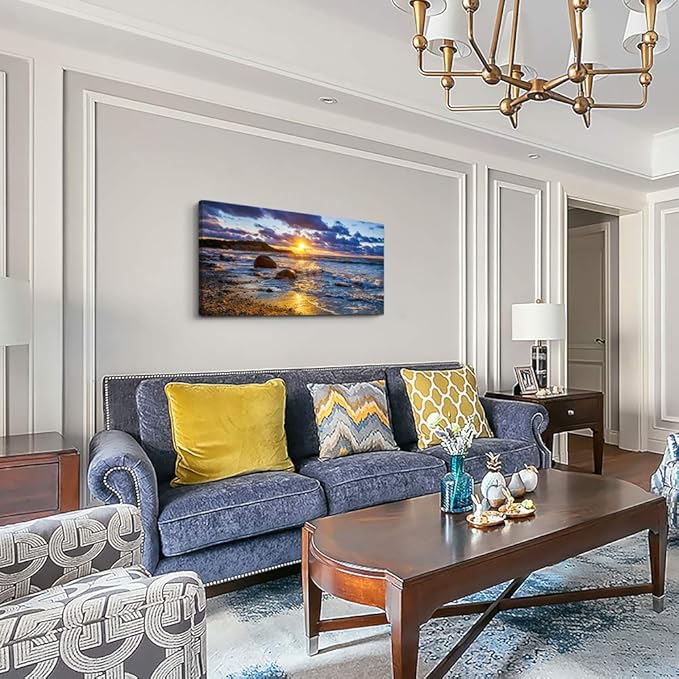 canvas wall art for living room bedroom Wall Decor blue ocean landscape painting Hang Home Decoration office bathroom kitchen sun beach sea golden Waves on the beach canvas art Prints pictures Works