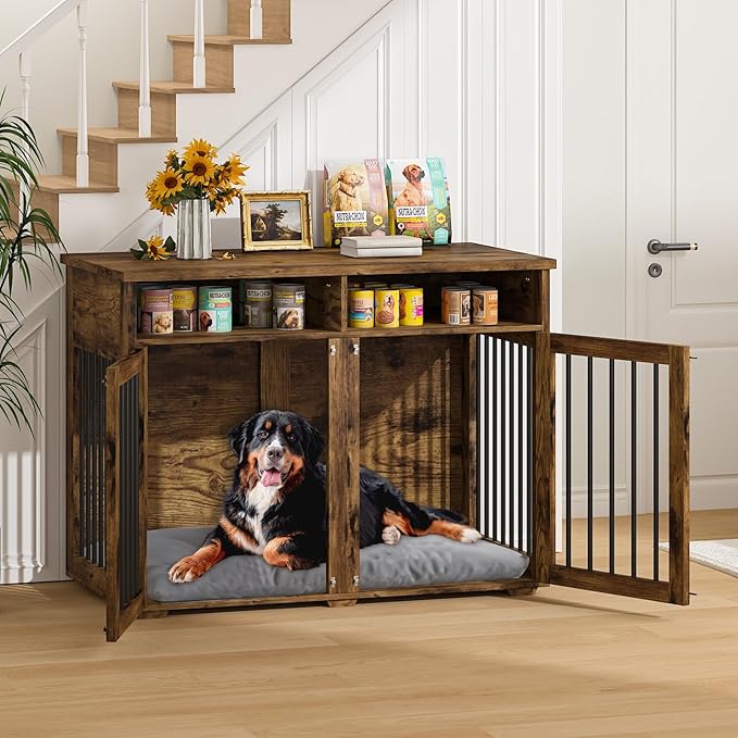 Furniture Dog Crate for 2 Dogs, 41 Inch Dog Kennel Furniture with Removable Divider and Shelf Storage, Wooden Dog Crate for Small/Medium Dogs, Rustic Brown