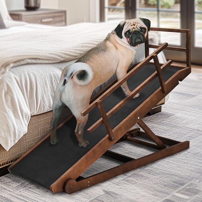 Dog Ramp, 5 Level Adjustable Wooden Folding Pet Ramp for Middle Bed, Couch,SUV-High Traction, Portable Paw Ramps for Small & Large Old Dogs & Cats - Furniture Quality