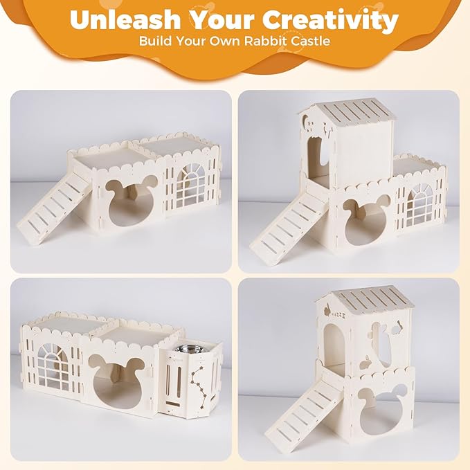 Extra Large Rabbit House, Wooden Bunny House Hideout with 4 Houses and Hay Feeder Indoor, Rabbit Guinea Pig Hideout Multistory Climbing Tower Sturdy Wooden Castle, Small Animal Hideaway Tunnel