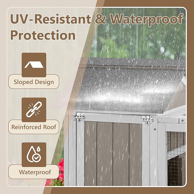 76''L Rabbit Hutch Outdoor Indoor with Wheels, Wooden 2 Story Bunny House Rabbit Cage with Run, Waterproof Roof, Pull Out Tray, Guinea Pig Cage Chicken Coop for Small to Medium Pets