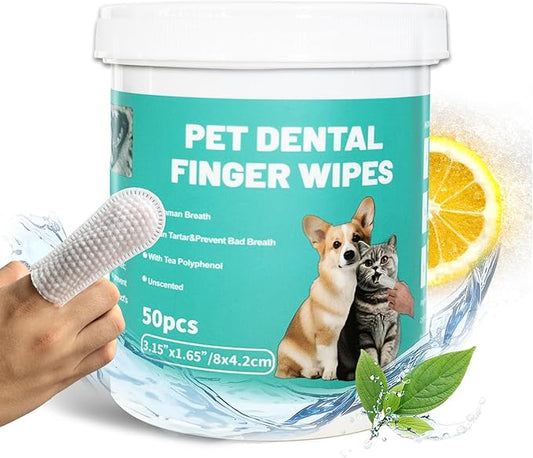 Dog Teeth Dental Finger Wipes for Dogs & Cats No-Rinse Dog Finger Toothbrush Dog Plaque & Tartar Prevention with Brushing Beads Dog Breath Freshene 50pcs