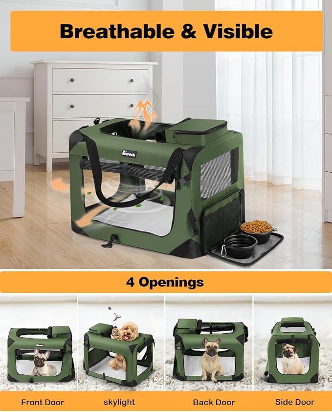 Extra Large Dog Crate with 2 Foldable Bowl, 36 Inch Collapsible Travel Dog Crate Kennel with Soft Blanket for Medium Dogs,Indoor & Outdoor (36" L x 25" W x 25" H, Green)