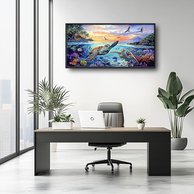 Framed Large Sea Turtle Wall Art for Living Room, Oversized Ocean Turtle Wall Decor Seascape Underwater Marine Life Canvas Painting Home Decoration for Living Room Bedroom Office 60"x30"