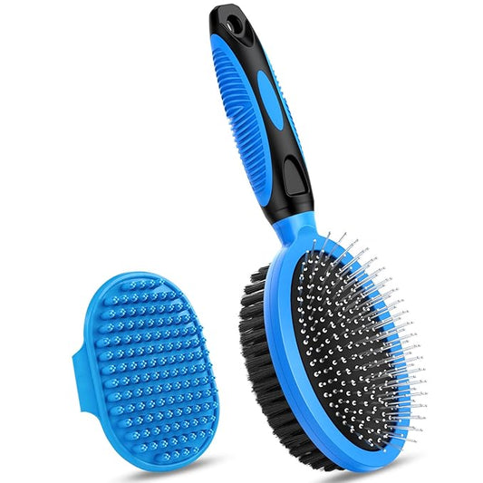 2PCS Pet Grooming Tools - Double-Sided Brush for Shedding and Bathing, Suitable for Short/Long Haired Dogs Cats and Horses, Deshedding Dog Brush, Mane & Tail Combs for Horses - Pet Supplies (Blue)