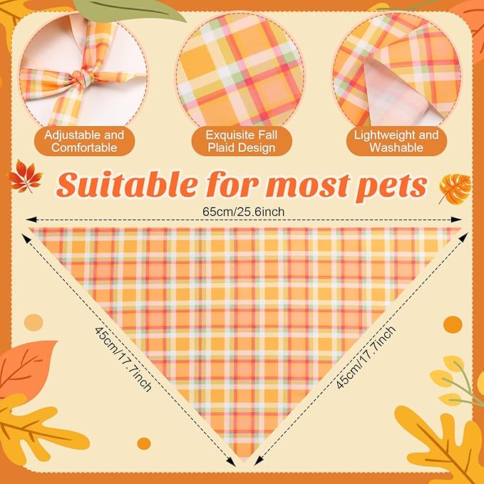 100 Pieces Fall Dog Bandanas Bulk Plaid Bandanas for Dogs Autumn Thanksgiving Soft Doggie Bibs Adjustable Triangle Scarves for Small Medium Large Pet Fall Autumn Costume