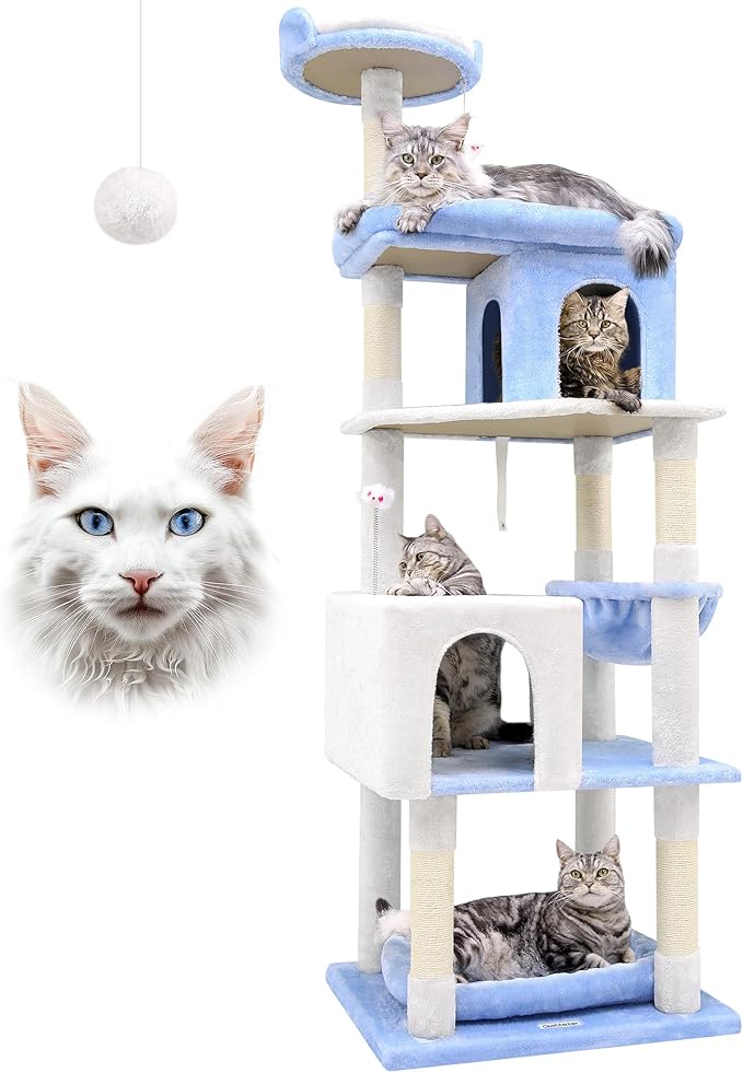 Globlazer Heavy Duty Cat Trees for Large Cats, Sturdy 72in Maine Coon Cat Tree for Large Cats 20 lbs+ Heavy Duty Cat Tower for Adult Biggest Cat with 6 Scratching Posts, Hammock, S72, Ocean Blue