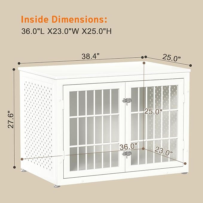 38" Heavy Duty Dog Crate Furniture for Large and Medium Dogs,Wooden Metal Kennel for High Anxiety Dogs, Chew Proof Pet Cage Indoor, Decorative Dog Kennel End Table, White