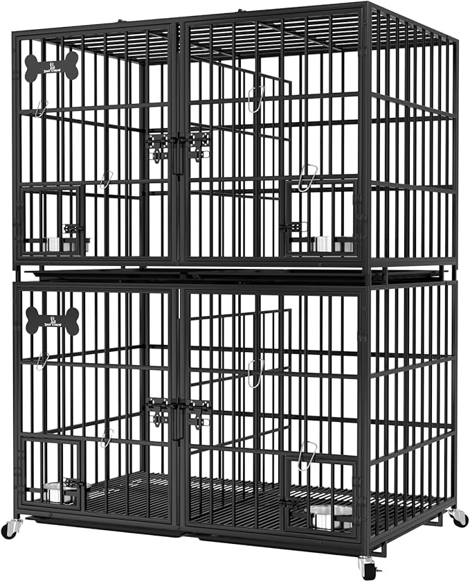 aboxoo 42 inch Stackable Heavy Duty Metal Dog Crate for 4 Dogs/Large Dog,All Metal Open Top Access,Escape Proof Cage,Dog Kennel Indoor with Wheels,Floor Grid, Tray, Divider and Feeding Bowl