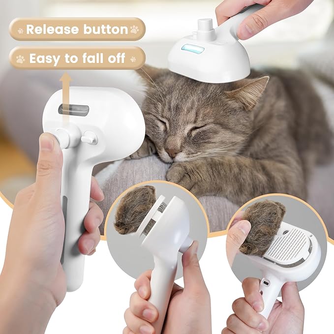 Cat Steam Brush, 3 In 1 Steamy Cat Brush with Release Button and Tank, Anti-Static Pet Spray Hair Removal Comb, Rechargeable Dog Steam Comb for Furry Pet