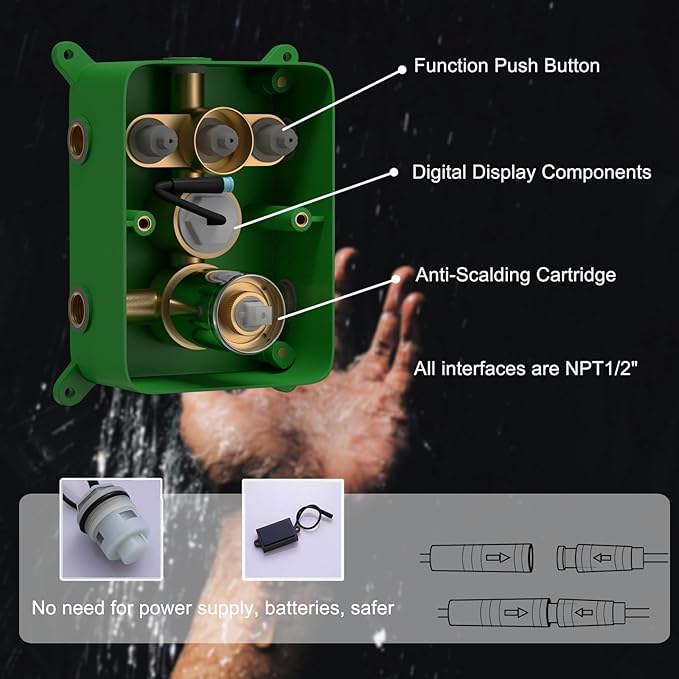 Digital Display Chrome Shower System with 12 inch Ceiling Mounted Shower Head and 8 inch Wall Mounted Shower Head, with Handheld Shower