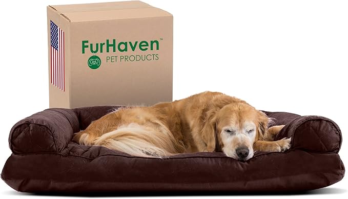 Furhaven Pillow Dog Bed for Large Dogs w/ Removable Bolsters & Washable Cover - Quilted Sofa - Coffee, Jumbo/XL