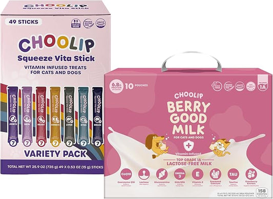 Bundle | Berry Good Milk 10pk Vitamin-Infused + 49 Variety Squeeze Vita Sticks with Essential multivitamins [Both Products are for Cats & Dogs of All Life Stages]