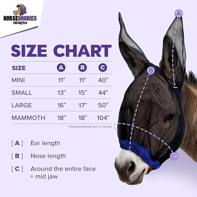 Donkey Fly Mask with Long Ears (Black) Made in USA - Mule Fly Mask with Ears Protection from Insects and Bugs, Small Donkey Soft Mesh Fabric with Adjustable Fastener, Face Cover Supplies for Donkeys