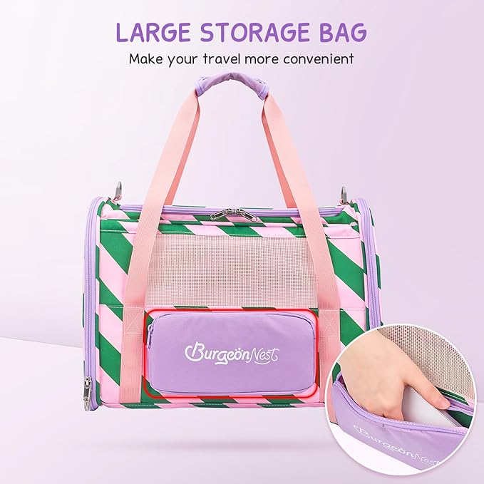 BurgeonNest Cat Carrier, Dog Cat Carriers for Large Medium Cats Under 20 lbs, Soft Sided Pet Carrier, Collapsible Travel Carry Puppy Kitten Cat Carrier with Big Side Bag (Medium, Pink-Green)