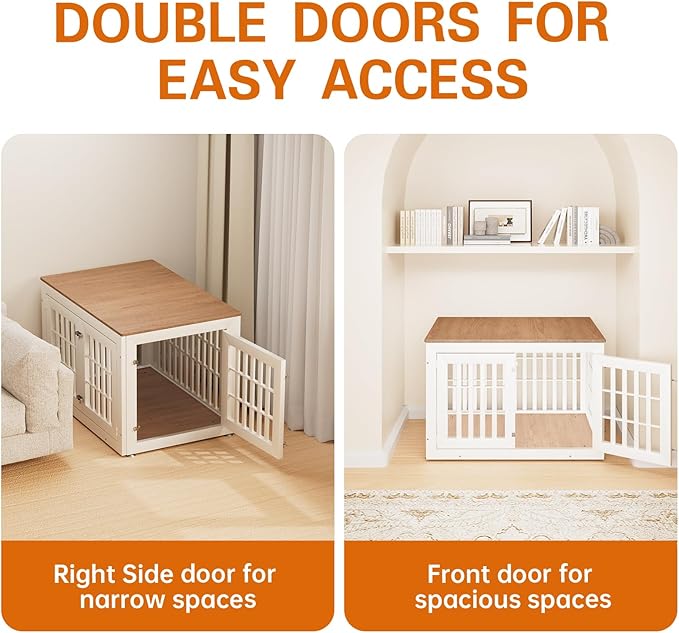 42" Heavy Duty Dog Crate Furniture for Small,Medium and Large Dogs,Rustic Wooden Dog Cage Kennel Indoor Furniture with Waterproof Top,Decorative Pet House Side End Table (White & Wood)