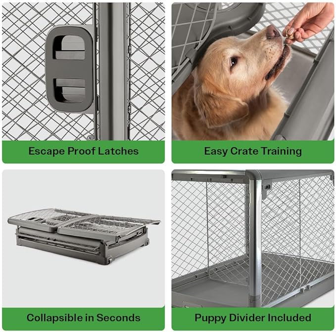 DIGGS Revol Collapsible Dog Crate with Wheels - Premium Portable Dog Crate - Safe, Stylish, and Convenient Indoor Kennel (Smoke, Large)
