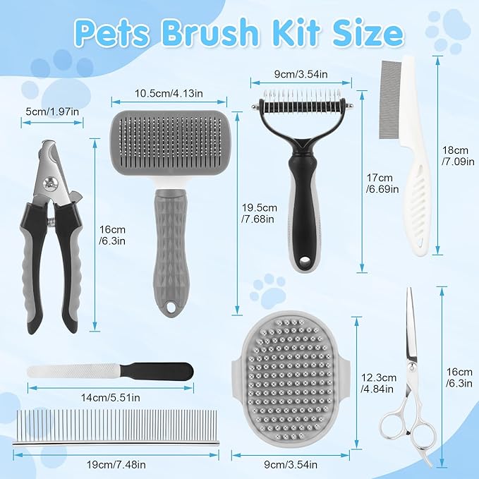 Cat Grooming Brush, 9PCS Dog Brush Kit with Pet Nail Clipper and File, Deshedding Brush for Cats, Cats Dog Shedding Brushs for Small Large Pets, Includes Flea Comb, Bath Brushs,Undercoat Rake (Grey)