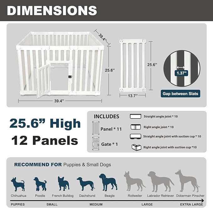Dog Playpen with Door, 12 Panels Puppy Playpen, 25.6” H Dog Pen for Small Cats and Dogs, Pet Fence for Indoor & Outdoor, Non-Slip Pet Gate Made of Strong Plastic, White