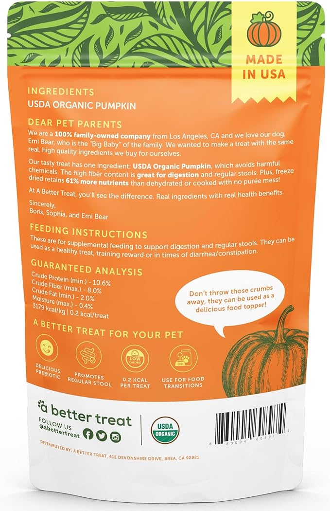 A Better Treat – Freeze Dried Organic Pumpkin Dog and Cat Treats, Organic, Single Ingredient | Natural, Healthy, Diabetic Friendly | Made in The USA