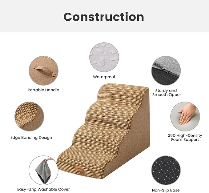 Gardner Pet Dog Stairs for Small Dogs 19.7" H, 4-Step Brown Curved Pet Stairs, Dog Steps for High Bed (18-24 in), Couch with Durable Non-Slip Waterproof Fabric Cover and CertiPUR-US Certified Foam