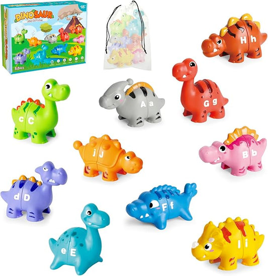 52 PCS Dinosaur Alphabet Learning Toys for Toddlers Kids 3-5, 10 Different Dinosaur Figures, Double Sided ABC Matching Game, Preschool Activities Montessori Fine Motor Toys for Toddlers Kids