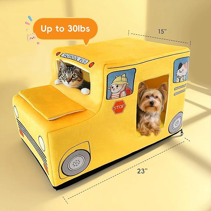 Cute Cat Beds Kitten Beds, Soft Small Dog Beds, Washable Pet Beds for Puppy and Kitty, Funny School Bus Cat Cave, 23 Inches