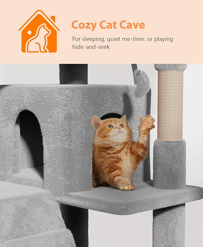 70'' Cat tree Tower for Indoor Cats Large Adult,Cute/Tall Modern Cat Tree for Big Cats 20 lbs,Plush Multi-Level Cat Condo with Scratching Posts,Dangling Ball for fun play(Light Gray, 70 inch)