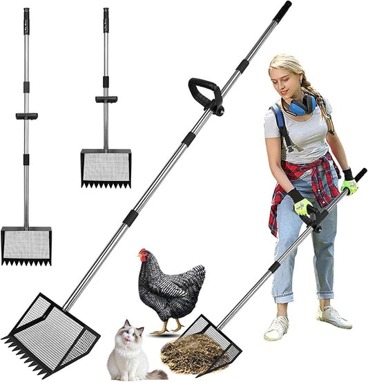 Chicken Poop Scooper and Rake with Ergonomic Handle, 2 in 1 Large Metal Chicken Coop Scoop for Poop with Adjustable Stainless Steel Pole, Sand Sifting Shovel for Chicken Coop Accessories
