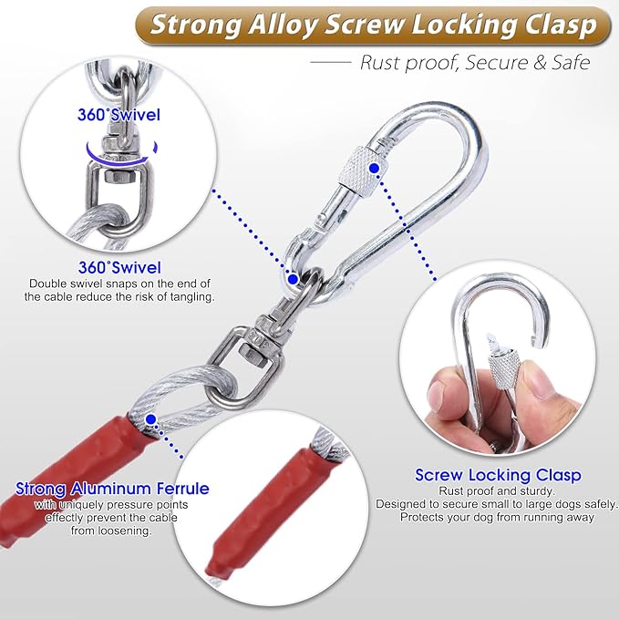 Dog Tie Out Cable for Dogs Outside Up to 125/250lbs,10/20/30/50FT Long Dog Leashe&Chains,Small-Large Dogs Runner Cable for Yard,Heavy Duty Lead Line for Outdoor,Camping,Yard(250lbs 30FT, Silver)