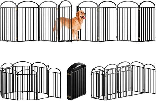 8 Panles Full Matel Freestanding Dog Gates with Door, 192"Extra Wide 36"Tall Free Standing Dog Pet Gate for Indoor & Outdoor. Foldable Pet Fences for Doorways, House, Stairs, Porch, Deck, Yard