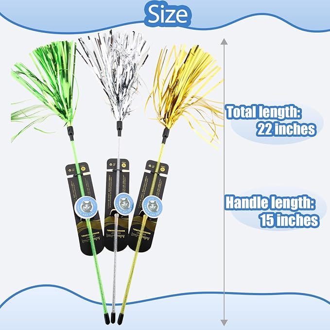 ADUCK Interactive Cat Teaser Wand Toy with Tassels - Durable Cat Chaser for Indoor Kitten Exercise, Boredom Relief & Training Play, Pack of 3 (Gold, Silver, Green)