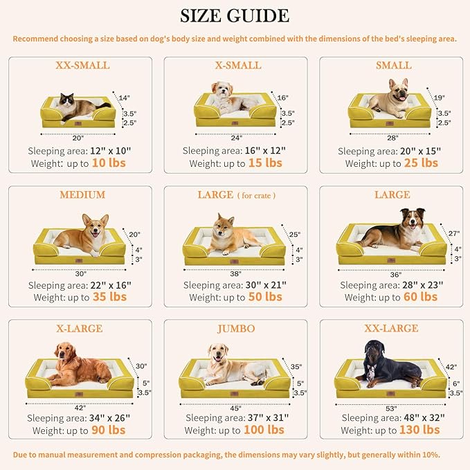 Comfort Expression Orthopedic XL Dog Beds, Waterproof Extra Large Dog Bed with Bolster, Washable Dogs Bed Sofa with Removable Cover & Non-Slip Bottom(X-Large,Spicy Mustard)