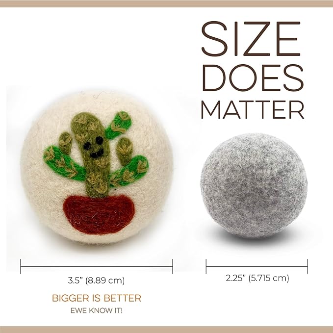 Fluff Ewes Wool Dryer Balls 6 Pack Premium New Zealand Wool Laundry Balls for Dryer, No Static Dryer Balls Laundry Reusable, XL Wool Dryer Balls Cute, Baby Dryer Balls for Dryers - Kiss My Cactus