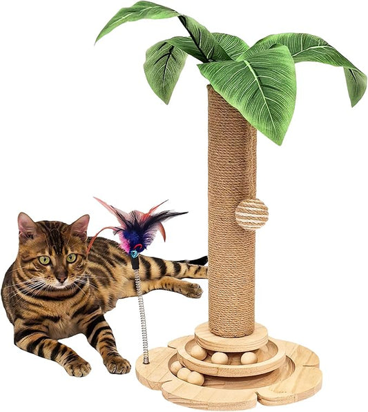 Cat Scratching Post, Cat Scratcher Toy for Indoor Cats, 17.3" Tall Scratch Post with 2-Layer Ball Tracks, Interactive Feather Toy and Sisal Hanging Ball, Banana Tree Cat Tower for Kittens