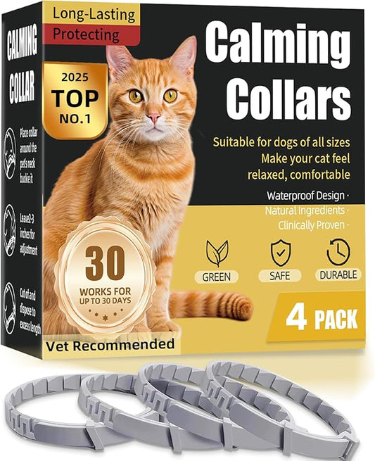 Calming Collar for Cats 4-Pack, Adjustable Water Proof Cat Pheromone Collar for Anxiety Relief, Vet-Recommended, 30-Day Stress Relief Grey