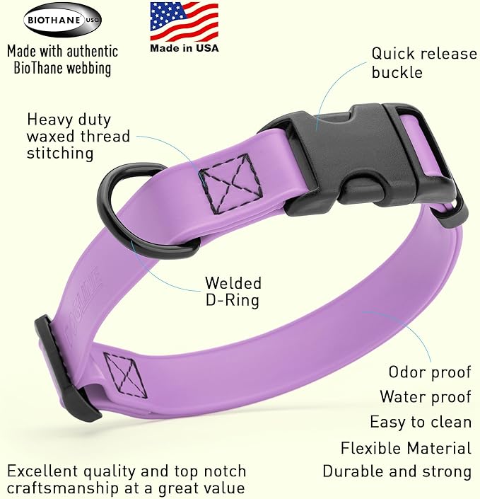Dogline Biothane Waterproof Dog Collar with Quick Release Buckle Strong Coated Nylon Webbing with Odor- Proof for Easy Care Easy to Clean Fits Small Medium Large Dogs, Amethyst Purple 5/8" W 9-14" L