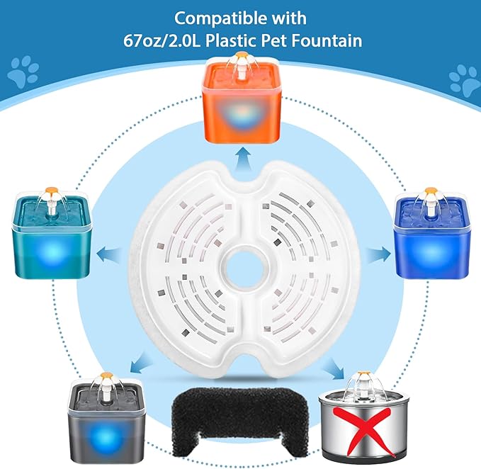 Cat Water Fountain Filters for 84oz/2.5L Stainless Steel Pet Fountain and 67oz/2.0L Plastic Cat Drinking Fountain, 4 Pack Pet Replacement Filters with 4 Pre-Filter Sponges