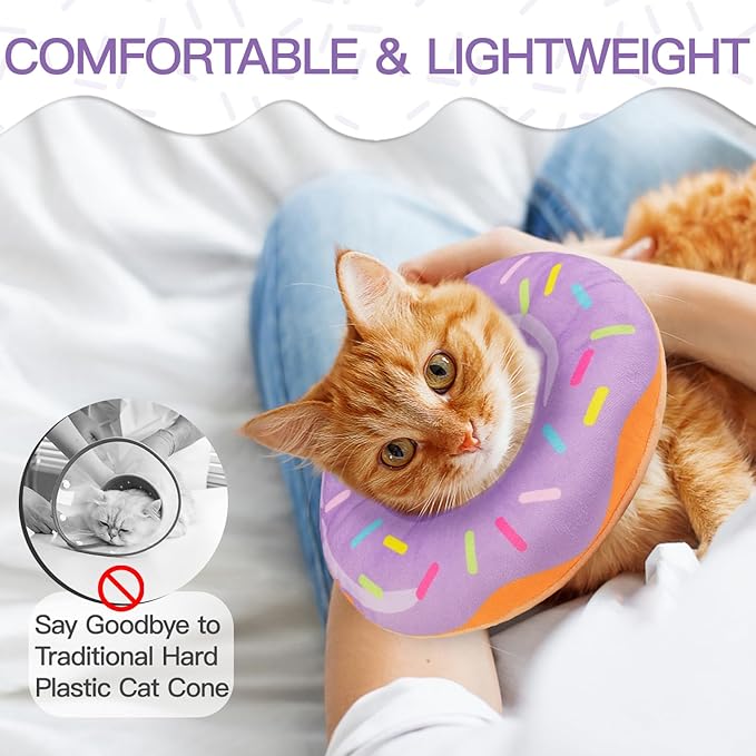 Cat Cone Collar Soft, Cute Cat Donut Collar After Surgery, Adjustable Kitten Recovery Cones to Stop Licking, Lightweight Neck Elizabethan Collars for Cats Kittens(Purple, Small)