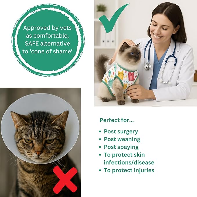 Cat Recovery Suit Surgical Onesie for Post Surgery/Neuter/Spay. Protection for Wounds and Skin infections for Male/Female Cats. Comfortable, Safe, (no Loose Cords) Cone Alternative (Medium)