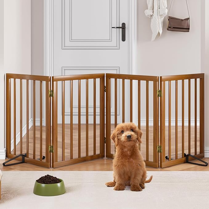 Freestanding Pet Gate Foldable 4 Panel Dog Gate Walnut Dog Gates for Stair Doorways House Indoor (2 Support Feet Included)
