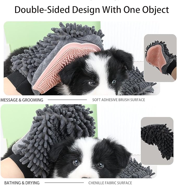 Dual Sided Pet Grooming Glove with Rubber Paw - 2-in-1 Grooming Glove | Fun Dogs & Cats Grooming Tool for Brushing, Massaging, and Scrubbing | Chenille Fabric Side Acts as Pet Bathing(Blue)